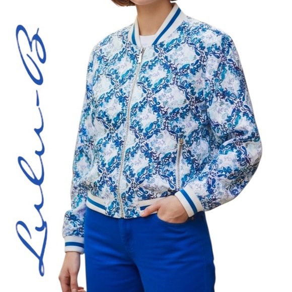 Lulu-B Jackets & Blazers - NEW Lulu-B UPF 50 Blue White Geometric Parsley Print Smooth Full Zip Jacket